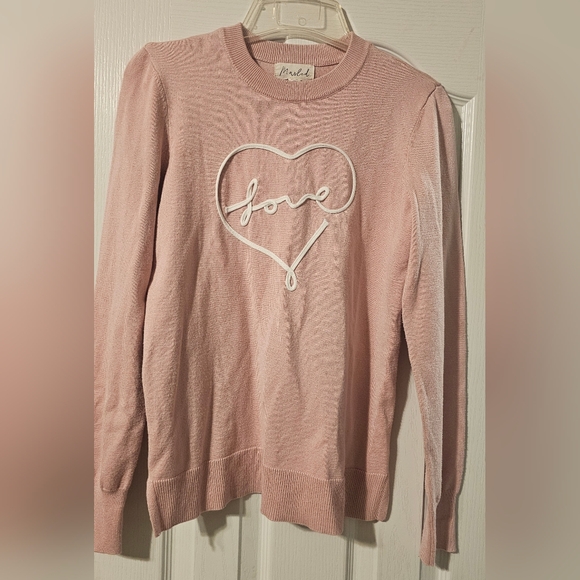 Marled Sweaters - Marled Love Heart Lightweight Sweater Rayon Pink White Women's Size XS